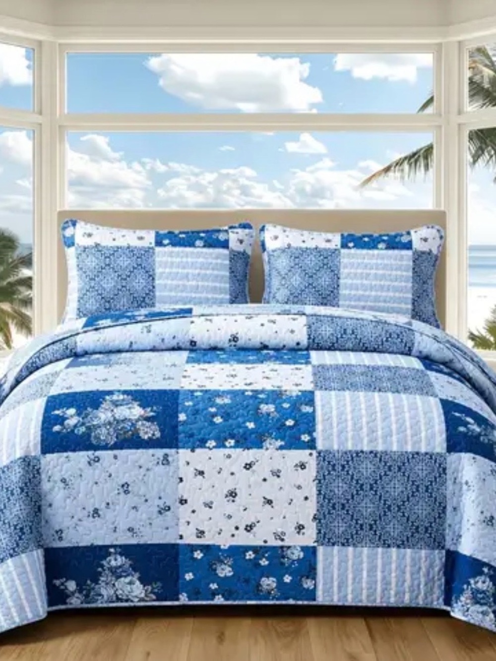 Blue Patchwork Floral Quilted Bedding Set -